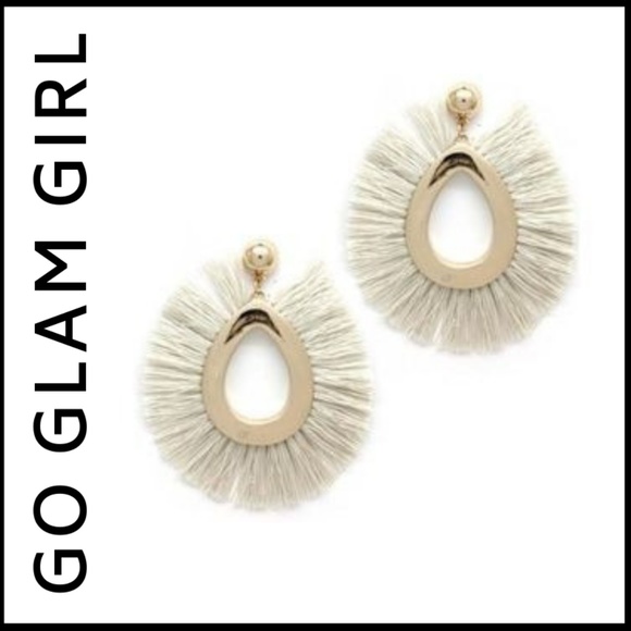 NWT Large White Tassel & Satin Gold Post Earrings - Picture 2 of 5